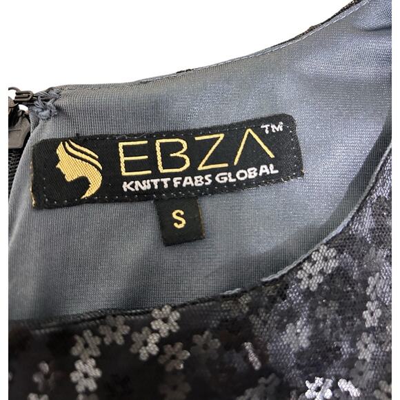 EBZA Black A-Line Dress Sz Small Mesh Floral Sequin Sleeveless Lined Knee Length - Picture 2 of 7